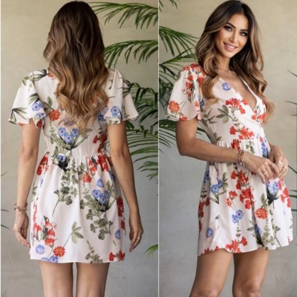 Runway Paris Women's Faux Wrap Surplice Mini A-Line Dress in Floral - Picture 14 of 14